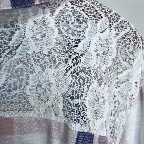 Warehouse One Plaid Button Down Shirt Floral Lace - Picture 7 of 10